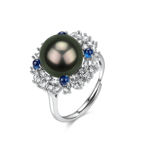 Tahitian South Sea Pearl Sparkle Ring in silver with a large black pearl, diamond halo and blue sapphire accents