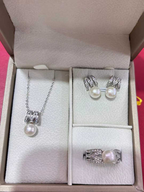 Pearl Pavé Letter M Jewelry Set