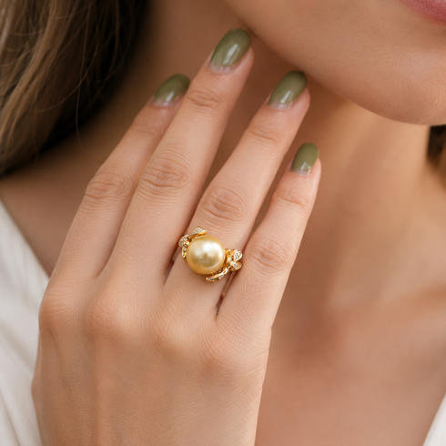 Ring, 11–12mm Golden South Sea pearl floral design in gold with diamond accents, House Of Pearls XM