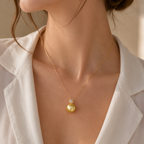 Necklace: 12–13mm golden South Sea pearl fairy drop pendant with diamond accent on a gold chain, House Of Pearls - JG