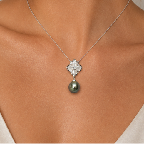 Floral Baroque Tahitian Pearl Pendant Necklace with silver chain and pearl drop