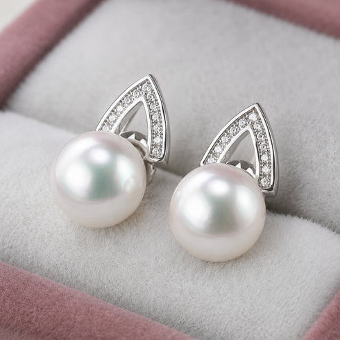 8-9mm Japanese Akoya CZ Stud Earrings, pair with white pearls in silver triangular frames.
