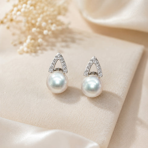 Pair of earrings: 8-9mm Akoya CZ stud earrings with pearl drops, silver-tone, House Of Pearls