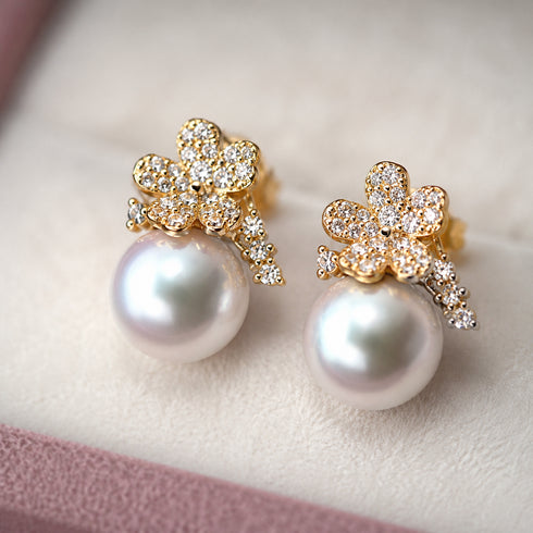 Earrings: 8-9mm Akoya pearl flower stud earrings in gold-tone setting with pavé crystals.