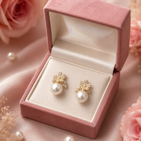 Earrings: 8-9mm Akoya flower pearl stud earrings with gold-tone petal setting and crystal accents