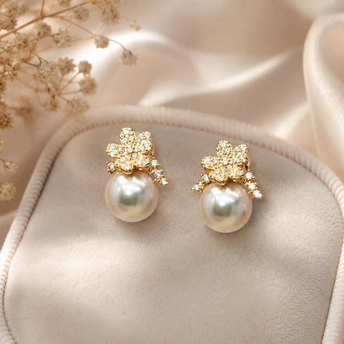 8-9mm Japanese Akoya Flower Stud Earrings pair by House Of Pearls, gold setting, crystal flowers, and pearl drops