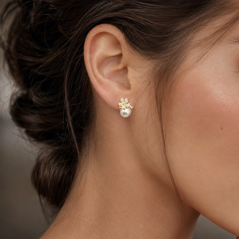 8-9mm Japanese Akoya Flower Stud Earrings by House Of Pearls; gold-tone flower with pearl drop.