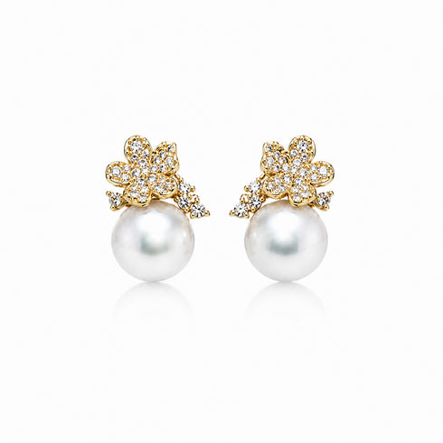 8-9mm Japanese Akoya Flower Stud Earrings pair with gold-tone floral pavé crystals and pearl drops