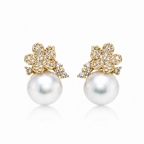 8-9mm Japanese Akoya Flower Stud Earrings pair with gold-tone floral pavé crystals and pearl drops
