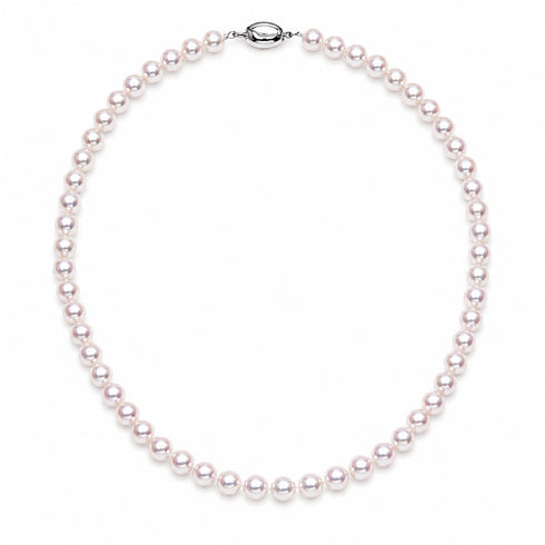 Pearl necklace: 7.0-7.5mm Japanese Akoya Rosé pearl strand with a silver clasp, round, lustrous, elegant accessory