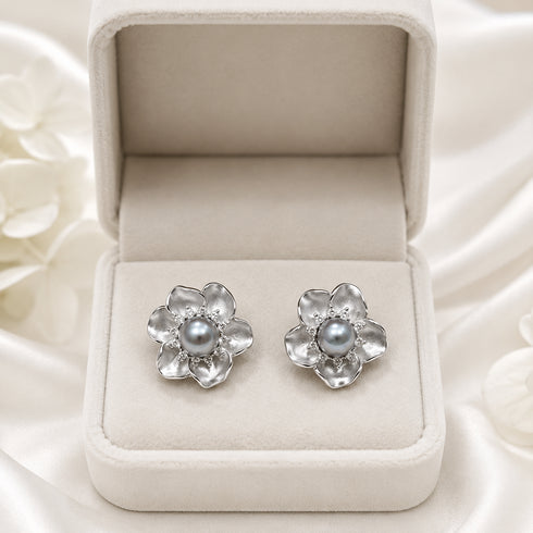 Earrings, pair of 7-8mm Japanese silver-blue Akoya Anemone, House Of Pearls.