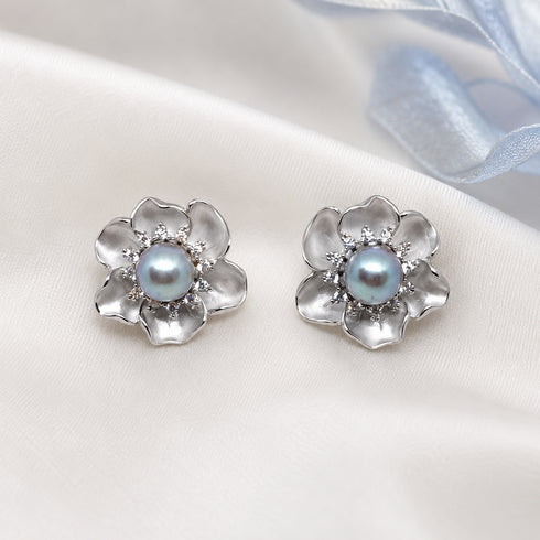Earrings, House Of Pearls, anemone-style silver flower studs with 7-8mm blue Akoya pearls (2)