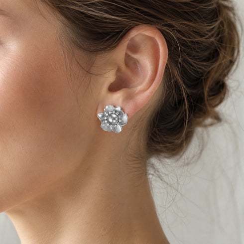 7-8mm Japanese Silver Blue Akoya Anemone Earrings by House Of Pearls with silver flower petals and central pearl