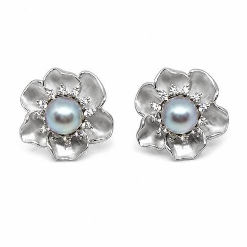 Earrings pair by House Of Pearls, 7-8mm Japanese silver-blue Akoya Anemone with pearl centers and crystal petals.