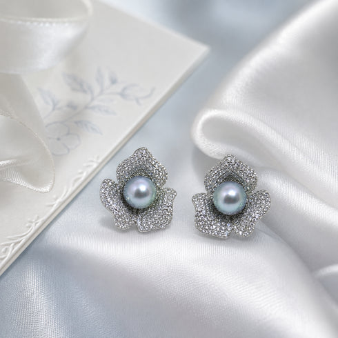 Earrings: 7-8mm Japanese Silver Blue Akoya floral stud earrings by House of Pearls (pair).