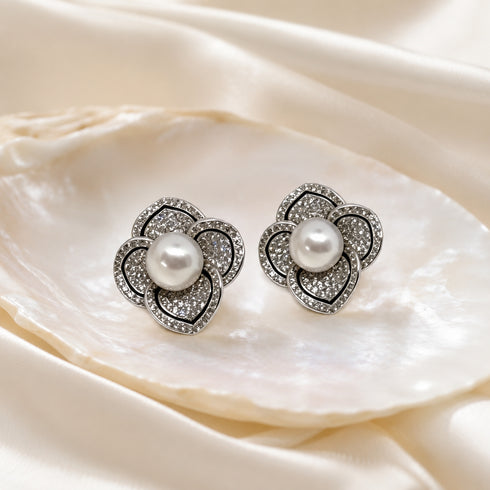 Pair of Flora Petal Akoya Pearl earrings, 7–8mm Japanese white pearls, silver pavé petal design, House Of Pearls