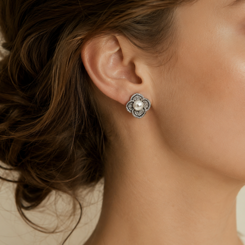 Earrings: 7-8mm Japanese Akoya Pearl Flora Petal stud in a floral halo setting