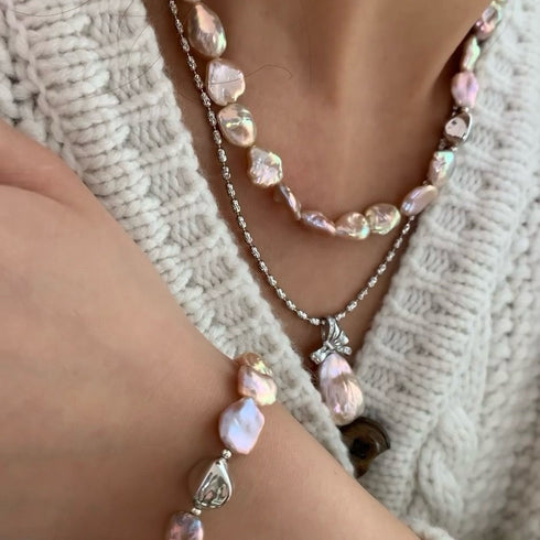 Keshi Freshwater Pearl Floral Petal Set in Iridescent Pink-Purple - Necklaces made with hand-selected pearls from House of Pearls