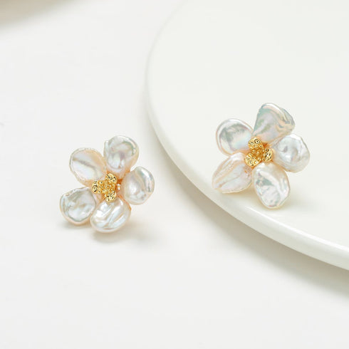Keshi Pearl Flower Petal Earrings and Ring (US) - Earrings made with hand-selected pearls from House of Pearls