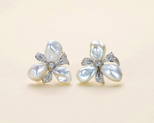Earrings: Keshi silver-blue freshwater pearl flower-petal design, pair