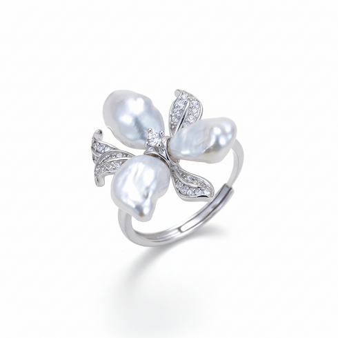 Keshi silver-blue freshwater pearl flower petal ring with pavé diamonds on a silver band House Of Pearls