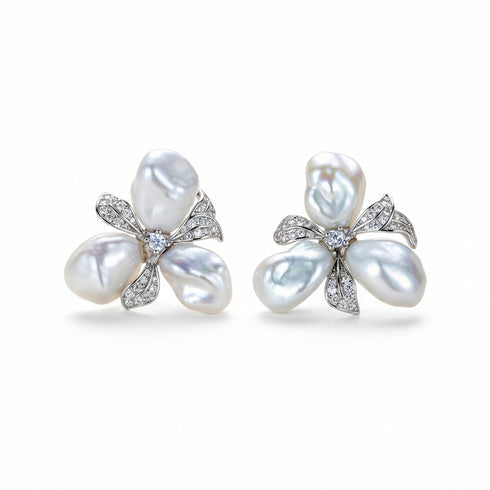 Keshi Silver Blue Freshwater Pearl Flower Petal Earrings, pavé diamond accents, silver setting (2 pcs)