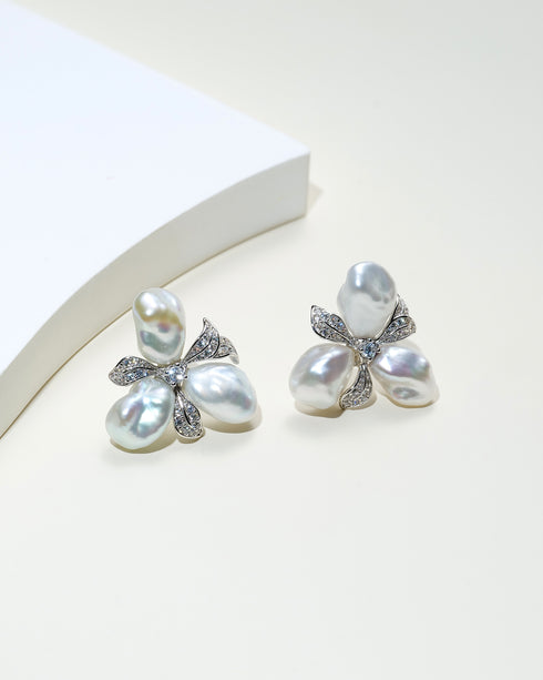 Earrings (2 pcs): Keshi silver-blue freshwater pearl flower-petal design with crystal accents