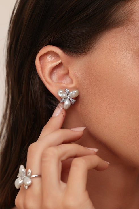 Keshi silver-blue freshwater pearl flower-petal earrings and ring with crystal accents