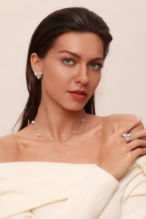 Keshi silver-white freshwater pearl flower petal earrings and ring, two-piece set