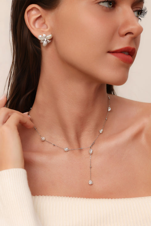 Keshi silver-blue freshwater pearl flower petal earrings and matching necklace, 2-piece pearl jewelry set.