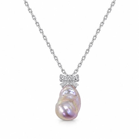 Keshi freshwater pearl floral-petal pendant necklace with bow bail on silver chain in iridescent pink-purple