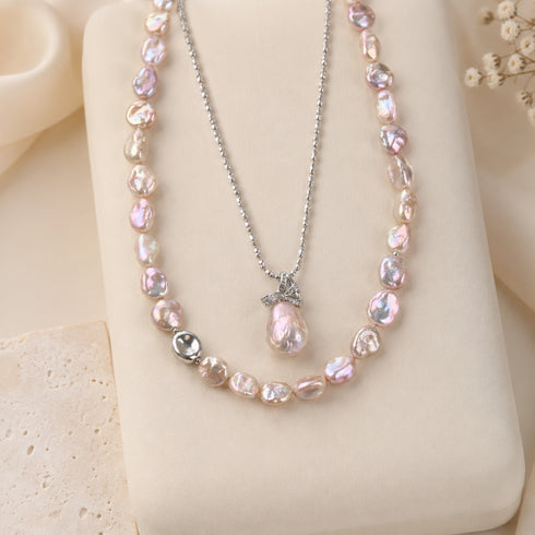 Keshi Freshwater Pearl Floral Petal Set, 2-piece iridescent pink-purple pearl jewelry set