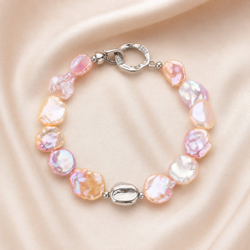 Keshi freshwater pearl floral petal set bracelet in iridescent pink-purple with silver clasp