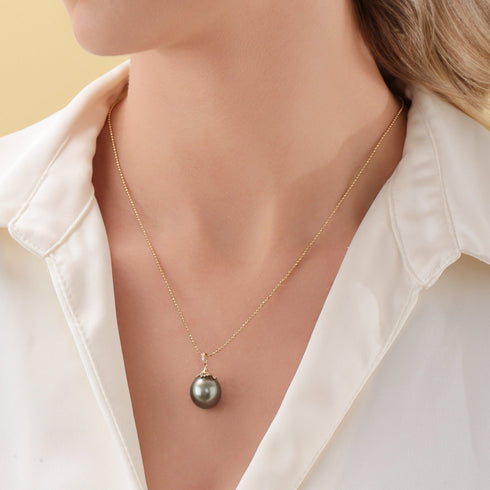Large Tahitian pearl pendant on a delicate gold bead necklace by House Of Pearls