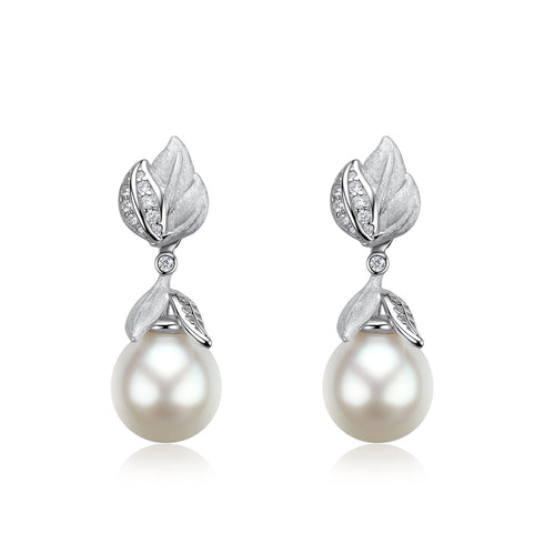 Botanical Leaf Drop Earrings by House Of Pearls with 10–11mm Australian White South Sea pearls, pair