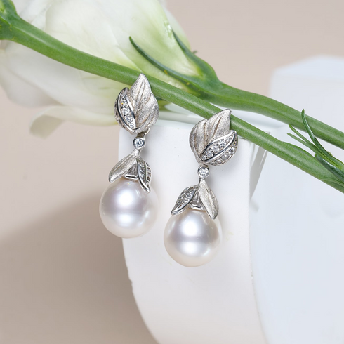 Pair of House Of Pearls botanical leaf drop earrings with 10–11mm Australian White South Sea pearls
