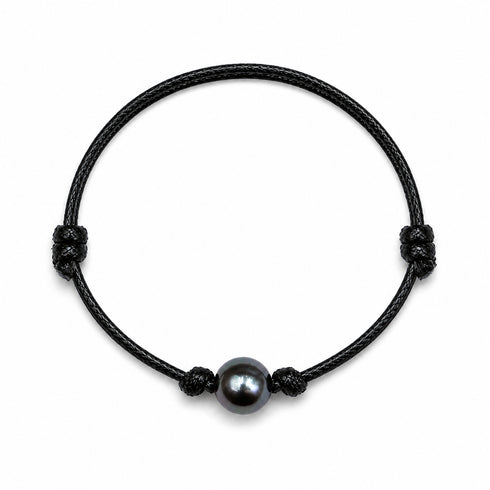 Bracelet: Tahitian Baroque Pearl Knotted Leather, black braided cord with a central dark pearl, House of Pearls-TA