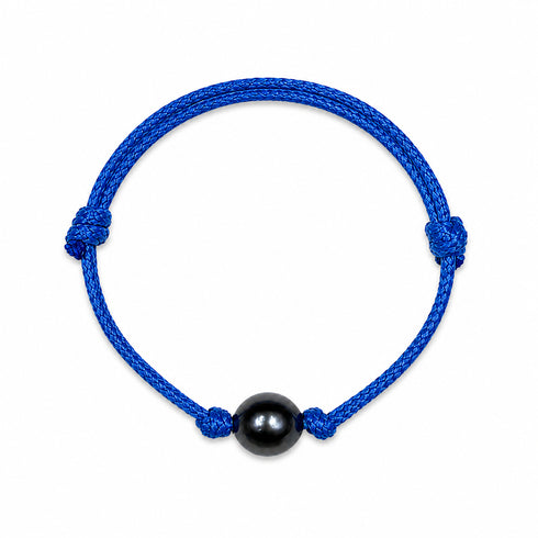 Bracelet Tahitian Baroque Pearl Knotted Leather by House of Pearls-TA, blue braided cord with a black pearl centerpiece.