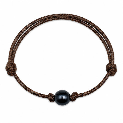 Bracelet Tahitian Baroque Pearl Knotted Leather by House of Pearls-TA, brown braided leather with central black pearl