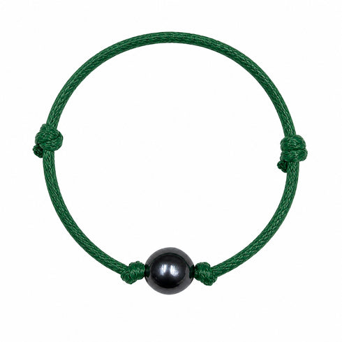Tahitian Baroque Pearl Knotted Leather Bracelet, green braided cord with a single black pearl bead, House of Pearls-TA