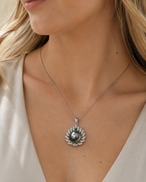 Necklace with 11–12mm Tahitian pearl pendant and crystal leaf halo in sterling silver