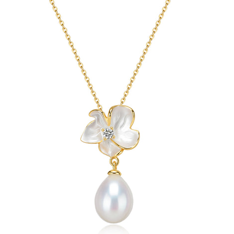 Magnolia Enamel Pearl Drop Necklace, gold-tone chain with white enamel flower and crystal center, pearl pendant.