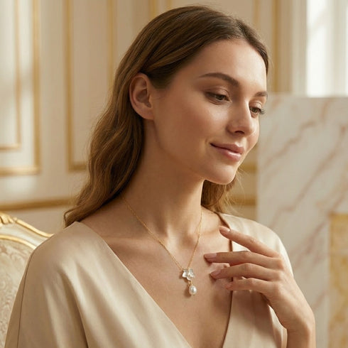 Magnolia Enamel Pearl Drop Necklace, gold-tone chain with enamel bloom and pearl pendant by House Of Pearls