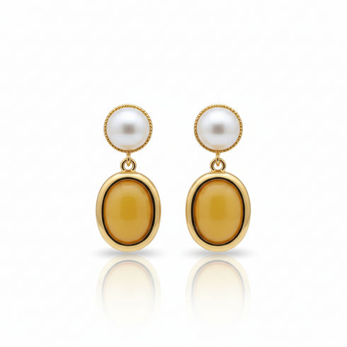 Natural Amber and Pearl Drop Earrings - Earrings made with hand-selected pearls from House of Pearls