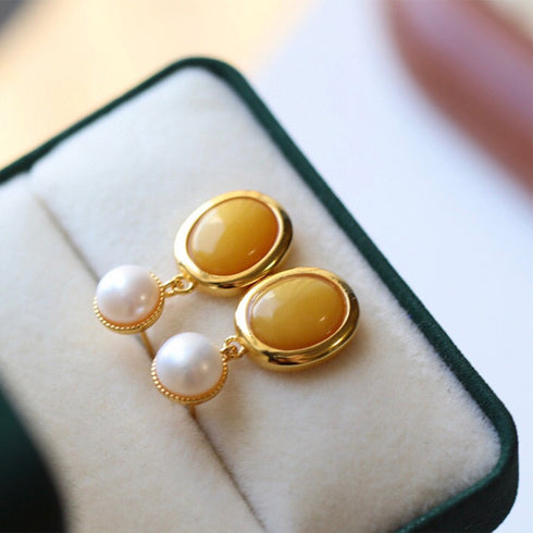 Natural Amber and Pearl Drop Earrings - Earrings made with hand-selected pearls from House of Pearls