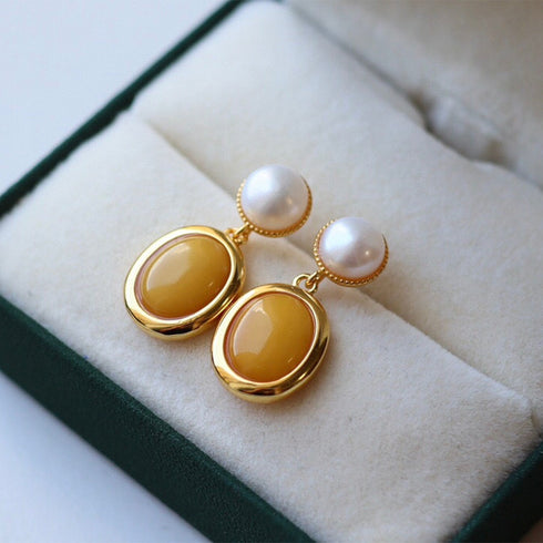 Natural Amber and Pearl Drop Earrings - Earrings made with hand-selected pearls from House of Pearls