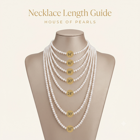 Pearl necklace length guide display with multiple white pearl strands and length markers 14–35 inches, House Of Pearls VA.