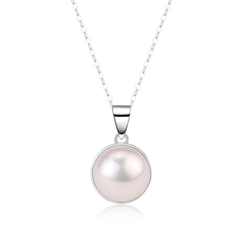 Necklace with a 10-11mm pinkish freshwater Mabel pearl pendant in a silver bezel on a silver chain