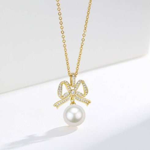 10-11mm Freshwater Pearl CZ Bowknot Pendant Necklace - House Of Pearls