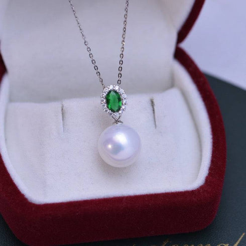 Necklace with 11-12mm freshwater pearl pendant and green gem, halo of crystals, House of Pearls-JT